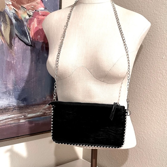 Silver Studded Black Vegan Leather Clutch & Crossbody - Picture 6 of 11